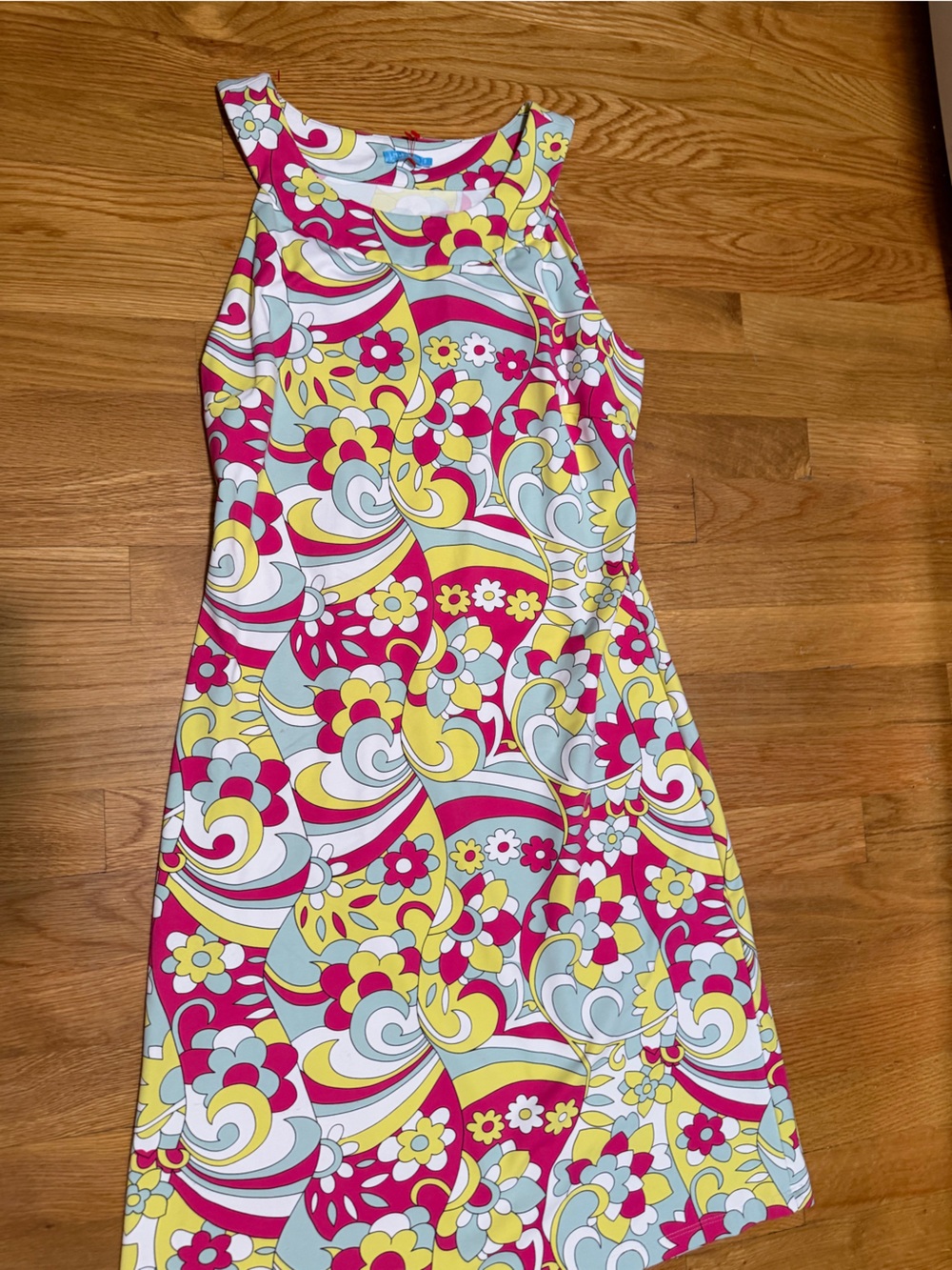 J McLaughlin vibrant Retro Floral A-Line Dress in Pink, Yellow & Light Blue